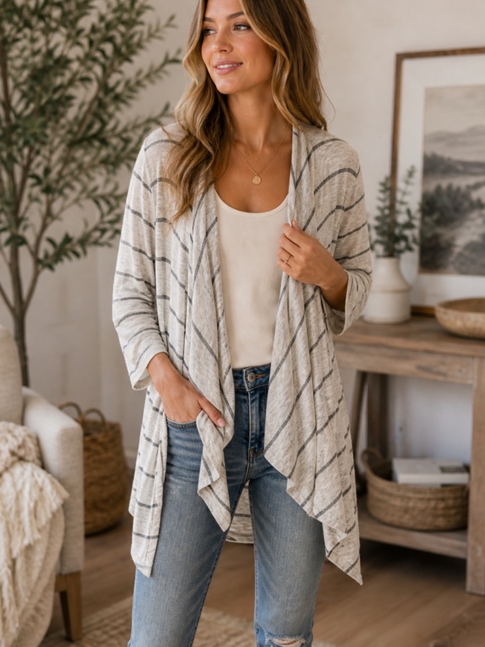 AEO Cream Lightweight Striped Waterfall Open Front Cardigan
